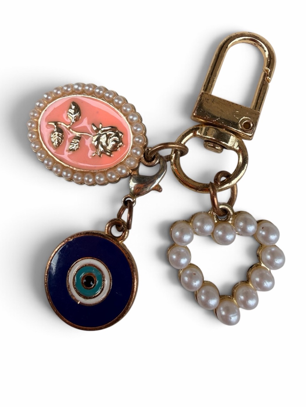 Mixed Charms Small Keychain Bag Charm Gold Pearl Heart Flower Evil Eye
